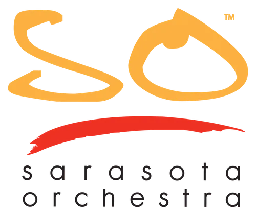 Sarasota Orchestra logo, orange "SO" mark with red brushstroke above the wordmark.