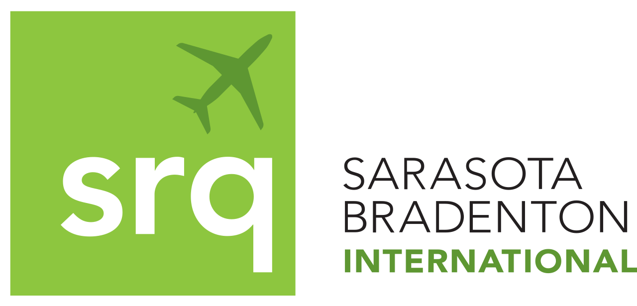 Sarasota Bradenton International Airport full logo, green square icon with airplane and "srq" mark beside "Sarasota Bradenton International" wordmark.