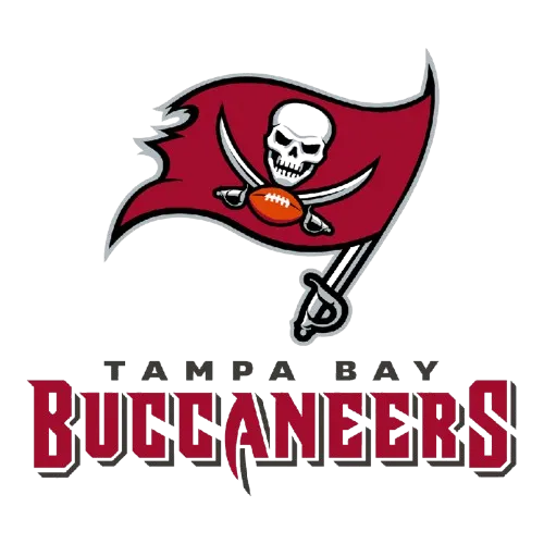 Tampa Bay Buccaneers logo, red flag with skull and crossed swords above the wordmark.