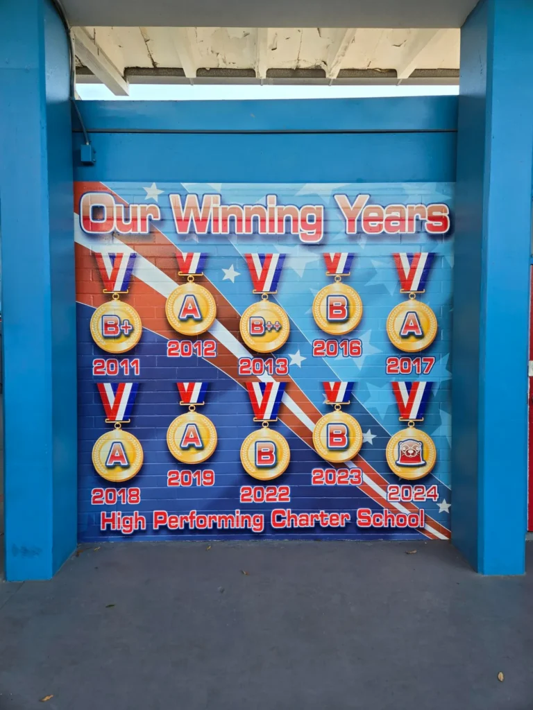 A mural displays school years 2011-2024 with medals and grades, highlighting achievements at “High Performing Charter School” under the title “Our Winning Years.”.